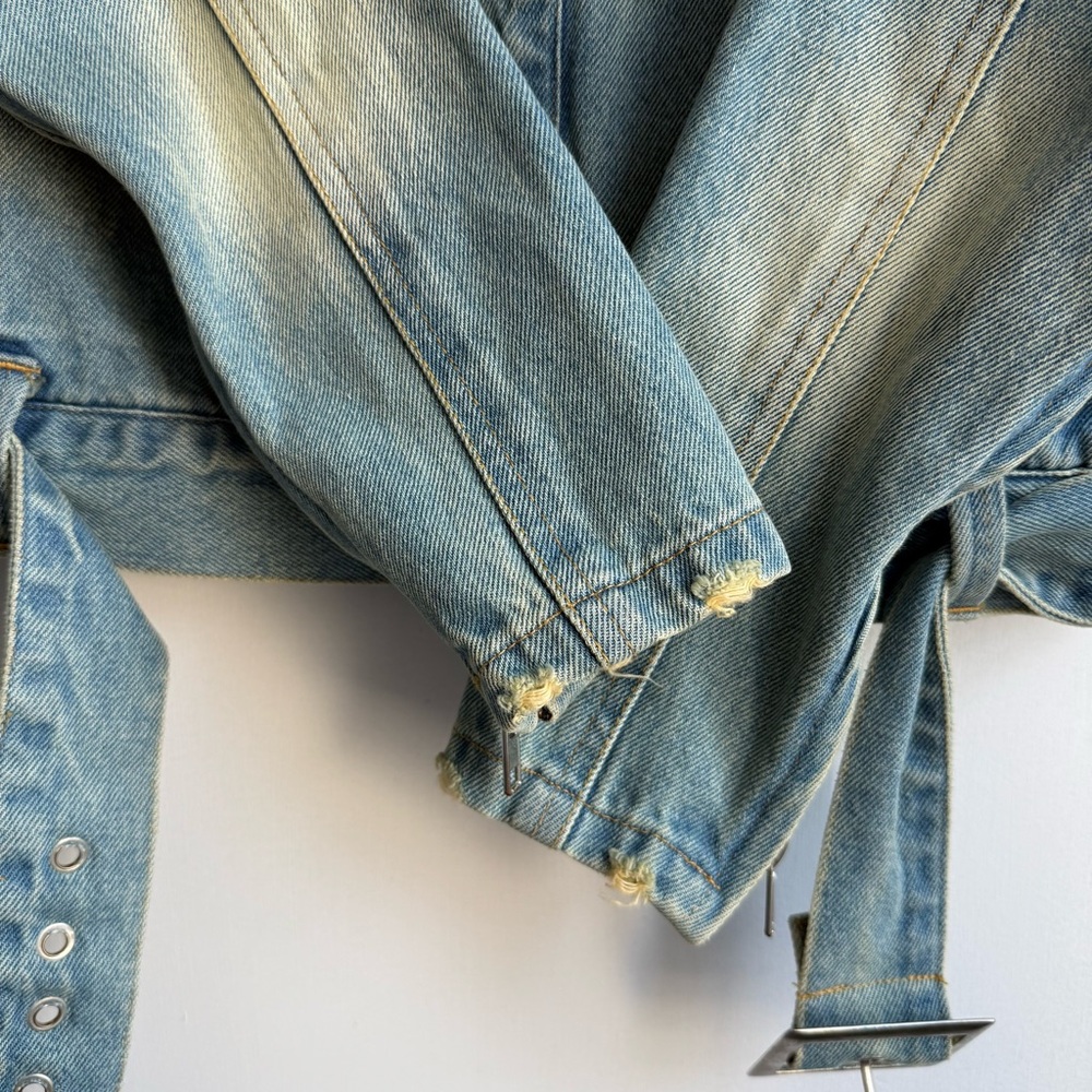 Civil Regime Distressed Denim Belted Trucker Jacket Blue Small - Picture 5 of 16